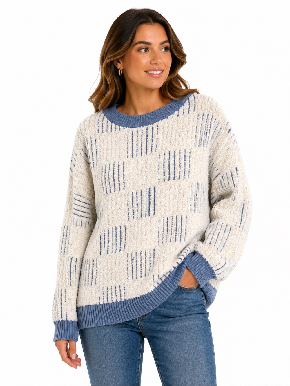 Bearpaw Women’s XXL Cozy Textured Sweater Cream Blue Geometric Oversized Pullove